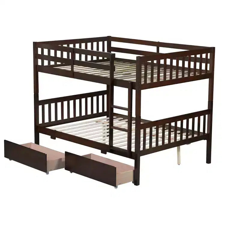 Bellemave Full Over Full Bunk Bed with 2 Drawers and Ladder , Rubber Wood Bunk Bed with Safety Guardrails ,Convertible into 2 Full Beds