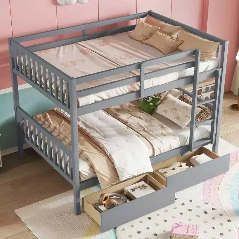 Bellemave Full Over Full Bunk Bed with 2 Drawers and Ladder , Rubber Wood Bunk Bed with Safety Guardrails ,Convertible into 2 Full Beds