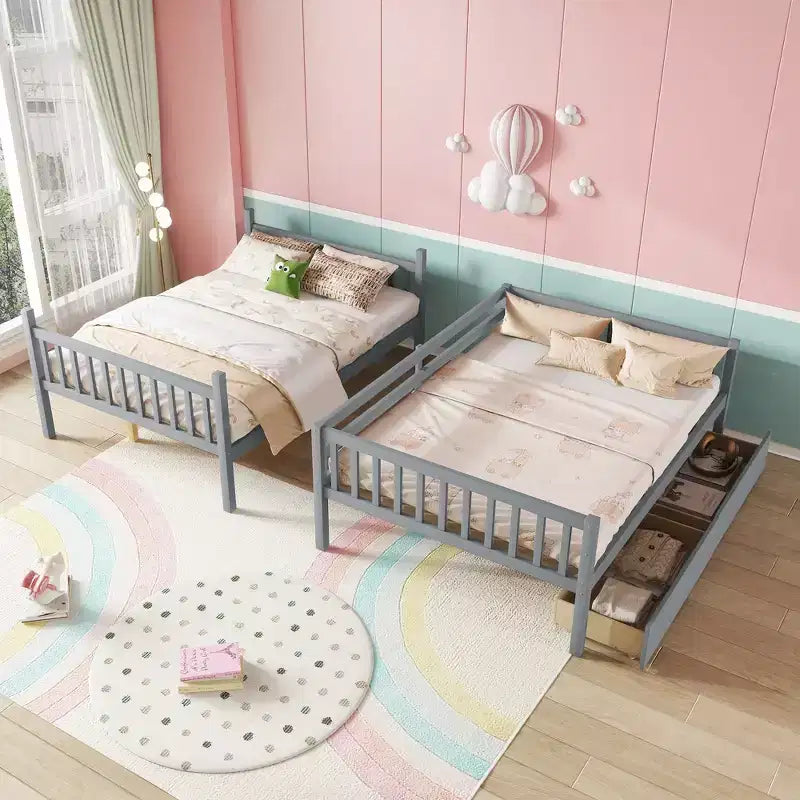 Bellemave Full Over Full Bunk Bed with 2 Drawers and Ladder , Rubber Wood Bunk Bed with Safety Guardrails ,Convertible into 2 Full Beds
