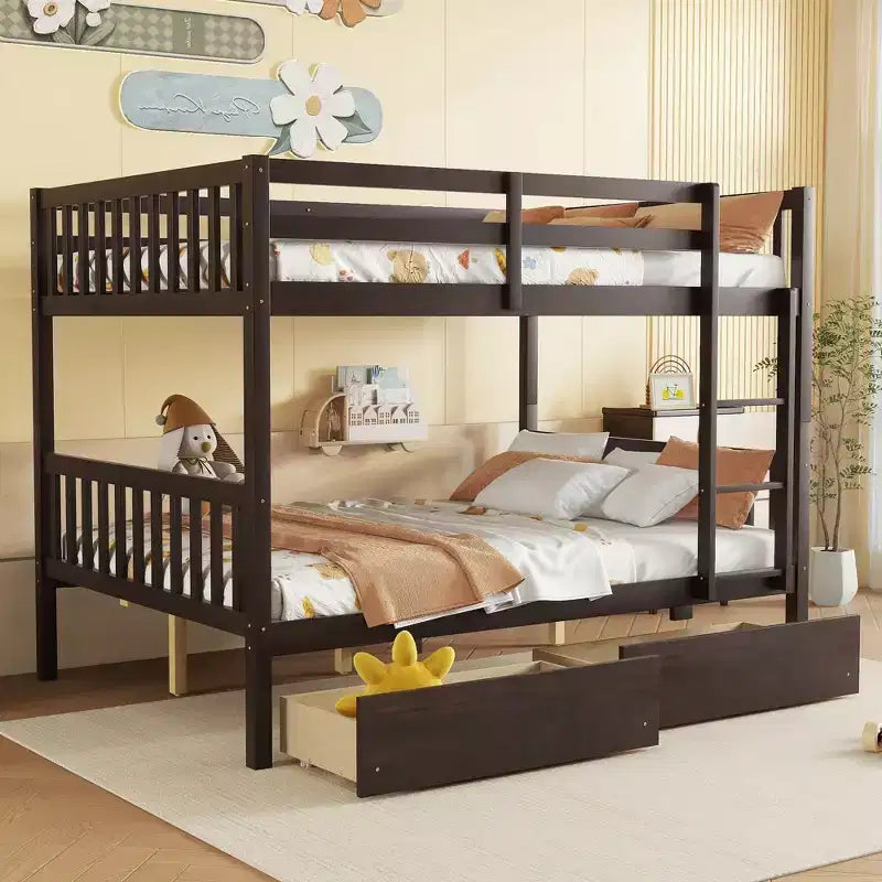 Bellemave Full Over Full Bunk Bed with 2 Drawers and Ladder , Rubber Wood Bunk Bed with Safety Guardrails ,Convertible into 2 Full Beds