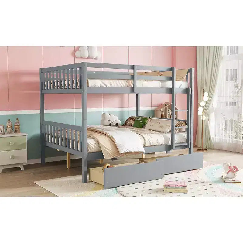Bellemave Full Over Full Bunk Bed with 2 Drawers and Ladder , Rubber Wood Bunk Bed with Safety Guardrails ,Convertible into 2 Full Beds