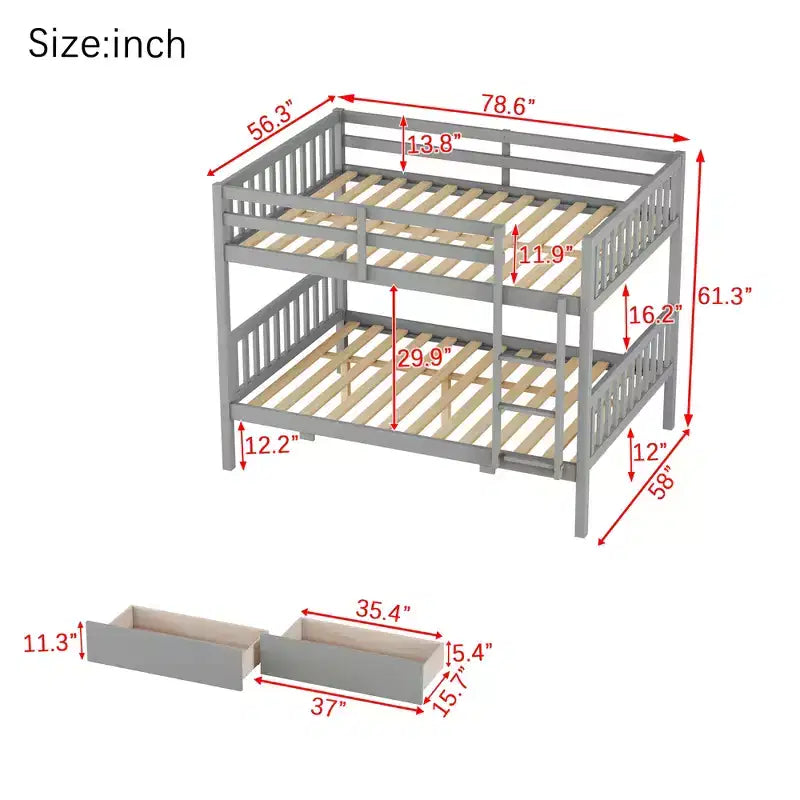 Bellemave Full Over Full Bunk Bed with 2 Drawers and Ladder , Rubber Wood Bunk Bed with Safety Guardrails ,Convertible into 2 Full Beds