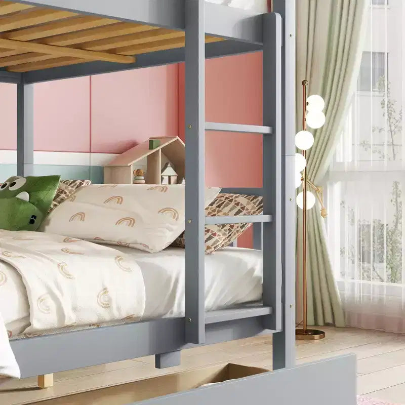 Bellemave Full Over Full Bunk Bed with 2 Drawers and Ladder , Rubber Wood Bunk Bed with Safety Guardrails ,Convertible into 2 Full Beds