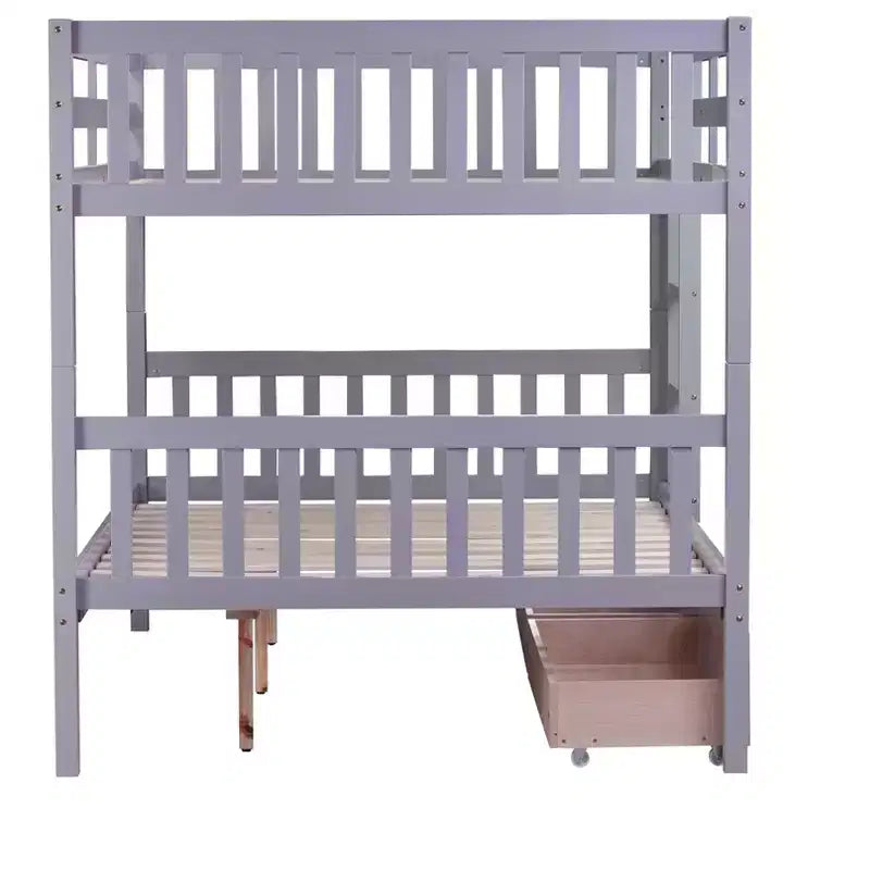 Bellemave Full Over Full Bunk Bed with 2 Drawers and Ladder , Rubber Wood Bunk Bed with Safety Guardrails ,Convertible into 2 Full Beds