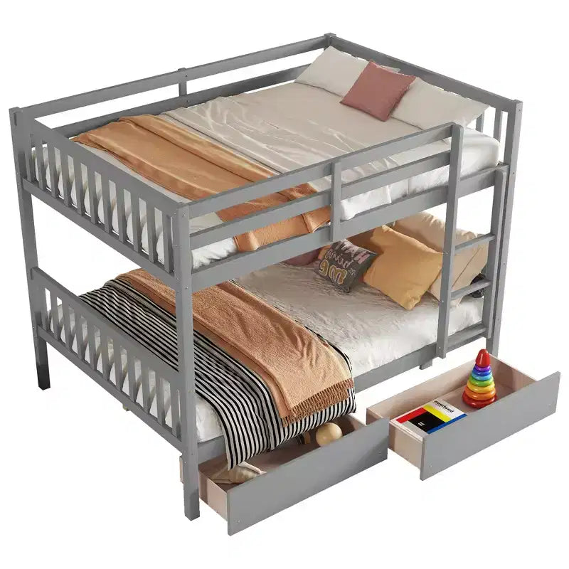 Bellemave Full Over Full Bunk Bed with 2 Drawers and Ladder , Rubber Wood Bunk Bed with Safety Guardrails ,Convertible into 2 Full Beds