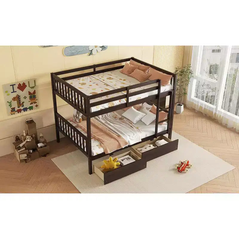 Bellemave Full Over Full Bunk Bed with 2 Drawers and Ladder , Rubber Wood Bunk Bed with Safety Guardrails ,Convertible into 2 Full Beds
