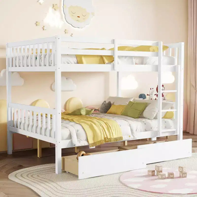 Bellemave Full Over Full Bunk Bed with 2 Drawers and Ladder , Rubber Wood Bunk Bed with Safety Guardrails ,Convertible into 2 Full Beds