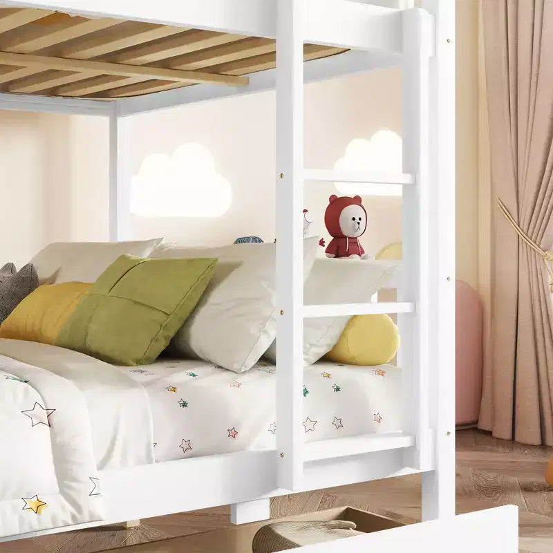 Bellemave Full Over Full Bunk Bed with 2 Drawers and Ladder , Rubber Wood Bunk Bed with Safety Guardrails ,Convertible into 2 Full Beds