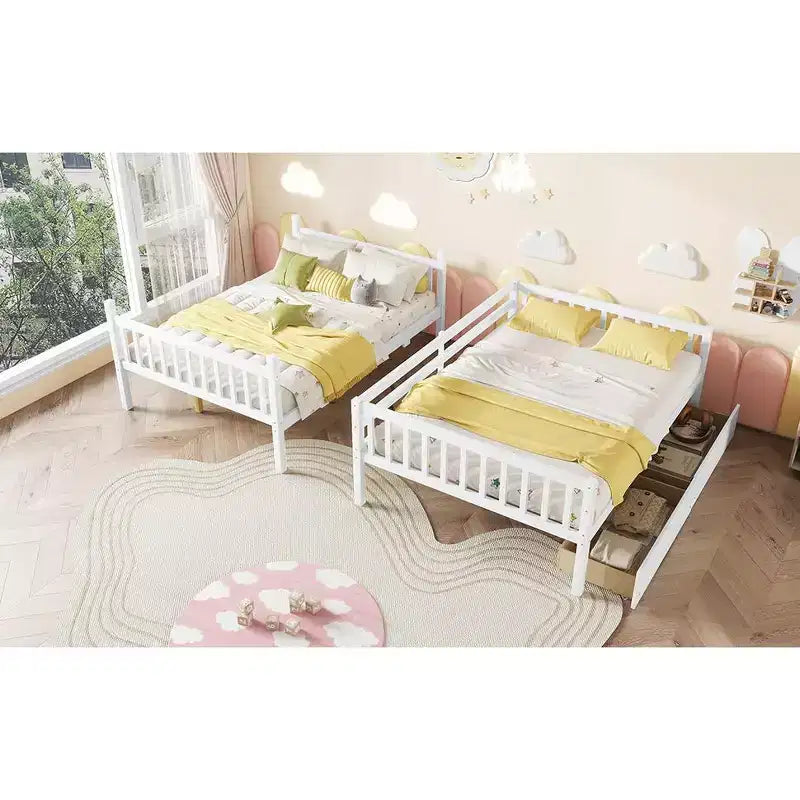Bellemave Full Over Full Bunk Bed with 2 Drawers and Ladder , Rubber Wood Bunk Bed with Safety Guardrails ,Convertible into 2 Full Beds