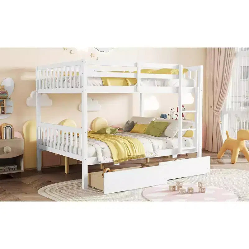 Bellemave Full Over Full Bunk Bed with 2 Drawers and Ladder , Rubber Wood Bunk Bed with Safety Guardrails ,Convertible into 2 Full Beds