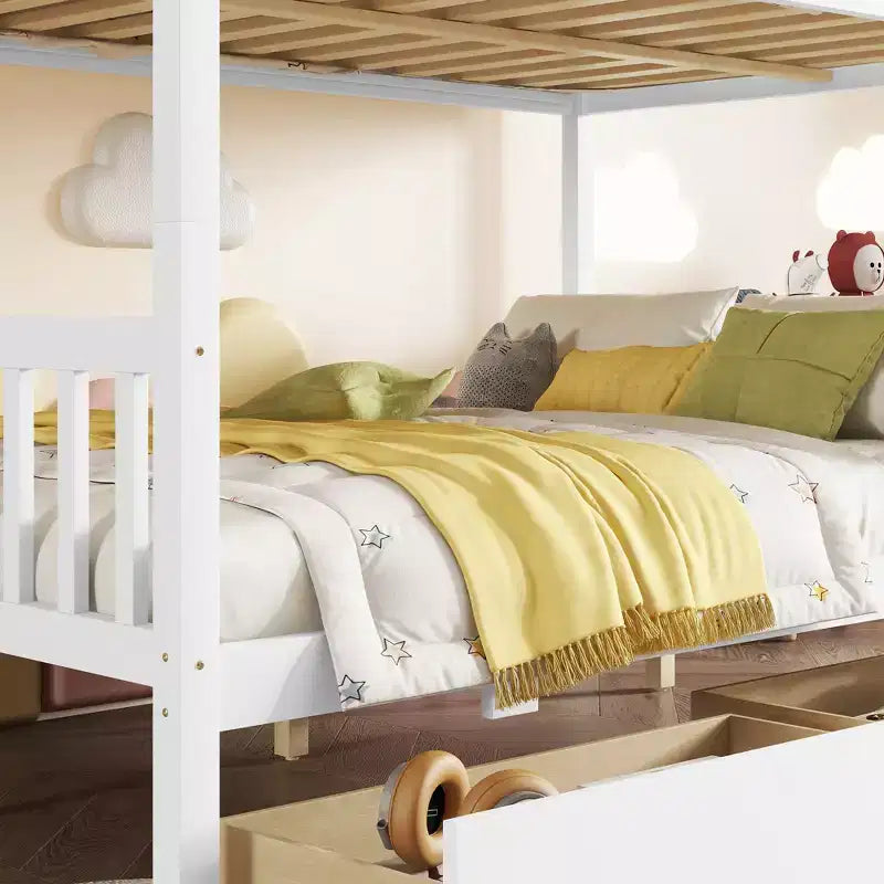Bellemave Full Over Full Bunk Bed with 2 Drawers and Ladder , Rubber Wood Bunk Bed with Safety Guardrails ,Convertible into 2 Full Beds
