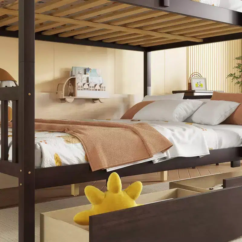 Bellemave Full Over Full Bunk Bed with 2 Drawers and Ladder , Rubber Wood Bunk Bed with Safety Guardrails ,Convertible into 2 Full Beds