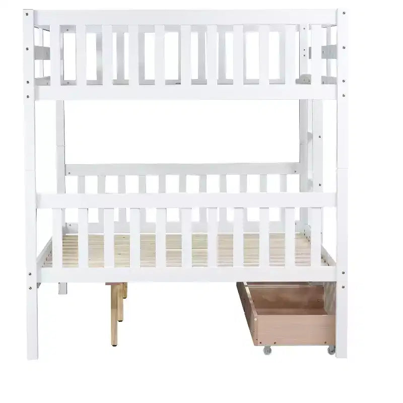 Bellemave Full Over Full Bunk Bed with 2 Drawers and Ladder , Rubber Wood Bunk Bed with Safety Guardrails ,Convertible into 2 Full Beds