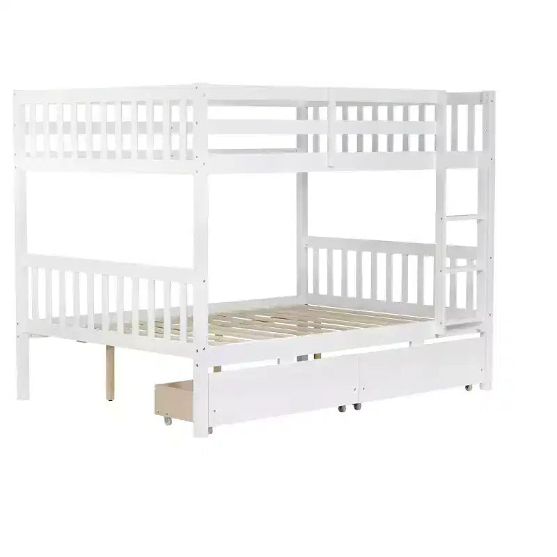 Bellemave Full Over Full Bunk Bed with 2 Drawers and Ladder , Rubber Wood Bunk Bed with Safety Guardrails ,Convertible into 2 Full Beds