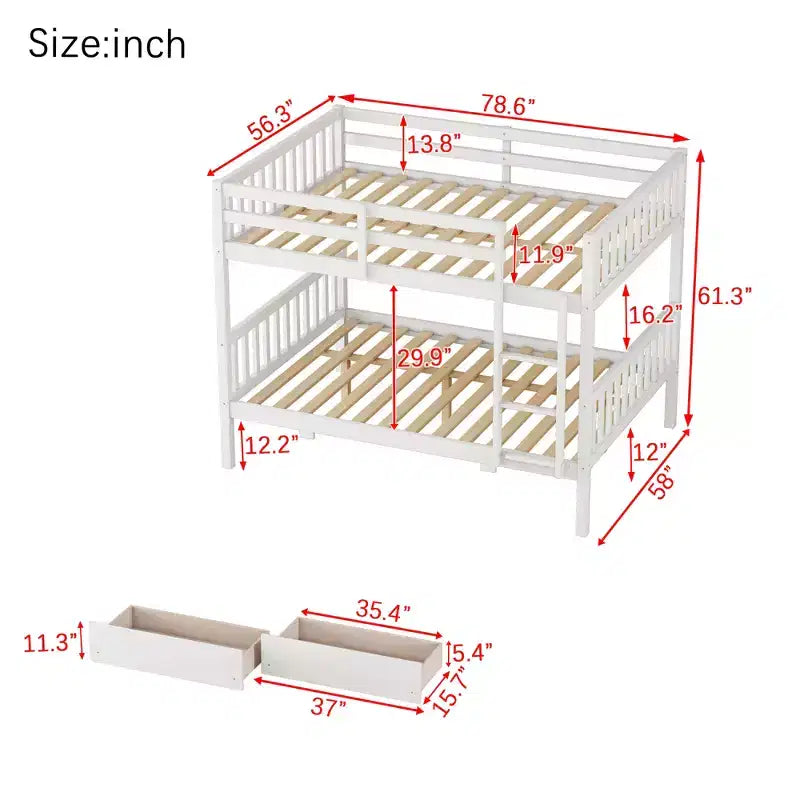 Bellemave Full Over Full Bunk Bed with 2 Drawers and Ladder , Rubber Wood Bunk Bed with Safety Guardrails ,Convertible into 2 Full Beds