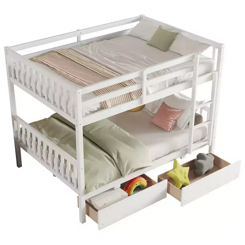 Bellemave Full Over Full Bunk Bed with 2 Drawers and Ladder , Rubber Wood Bunk Bed with Safety Guardrails ,Convertible into 2 Full Beds