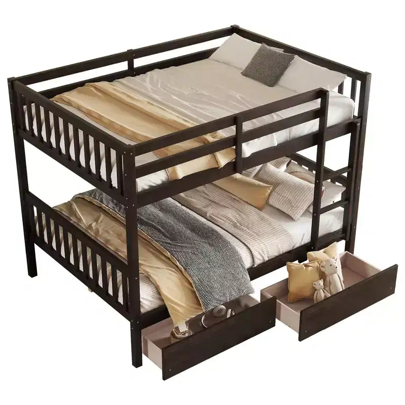 Bellemave Full Over Full Bunk Bed with 2 Drawers and Ladder , Rubber Wood Bunk Bed with Safety Guardrails ,Convertible into 2 Full Beds