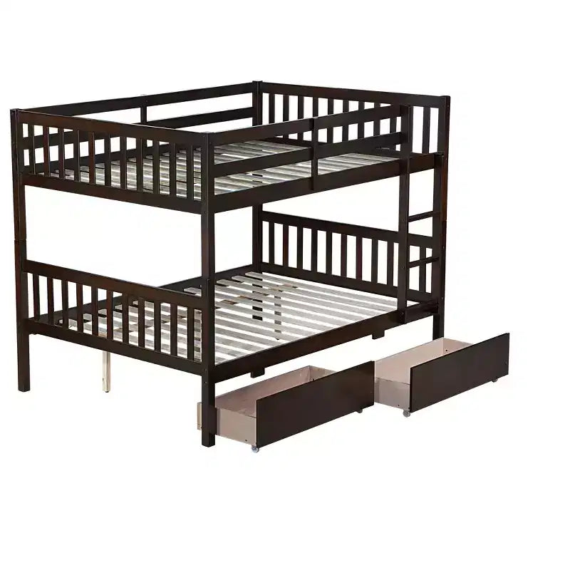 Bellemave Full Over Full Bunk Bed with 2 Drawers and Ladder , Rubber Wood Bunk Bed with Safety Guardrails ,Convertible into 2 Full Beds