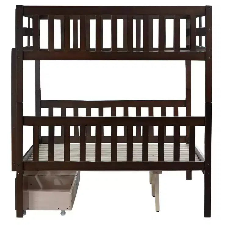 Bellemave Full Over Full Bunk Bed with 2 Drawers and Ladder , Rubber Wood Bunk Bed with Safety Guardrails ,Convertible into 2 Full Beds