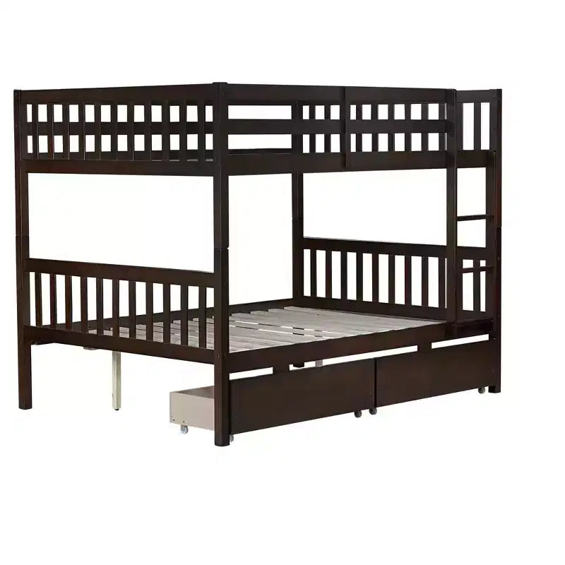 Bellemave Full Over Full Bunk Bed with 2 Drawers and Ladder , Rubber Wood Bunk Bed with Safety Guardrails ,Convertible into 2 Full Beds
