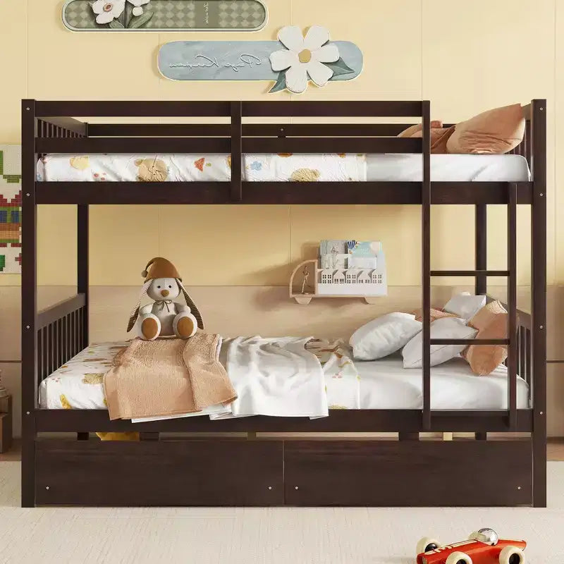 Bellemave Full Over Full Bunk Bed with 2 Drawers and Ladder , Rubber Wood Bunk Bed with Safety Guardrails ,Convertible into 2 Full Beds