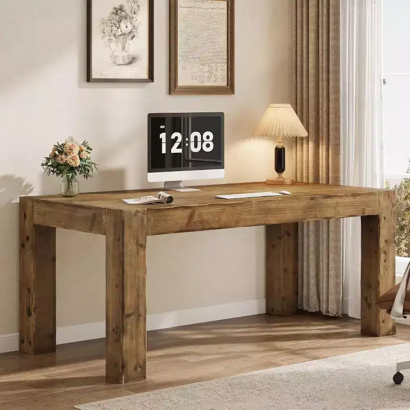 Lantine 63-Inch Solid Wood Executive Desk, Real Wooden Home Office Computer Desk, Farmhouse Writing Study Table for Home Office, Brown