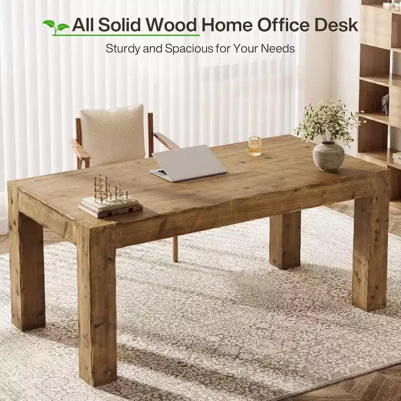 Lantine 63-Inch Solid Wood Executive Desk, Real Wooden Home Office Computer Desk, Farmhouse Writing Study Table for Home Office, Brown
