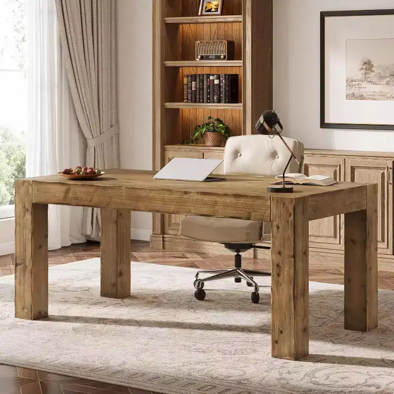 Lantine 63-Inch Solid Wood Executive Desk, Real Wooden Home Office Computer Desk, Farmhouse Writing Study Table for Home Office, Brown