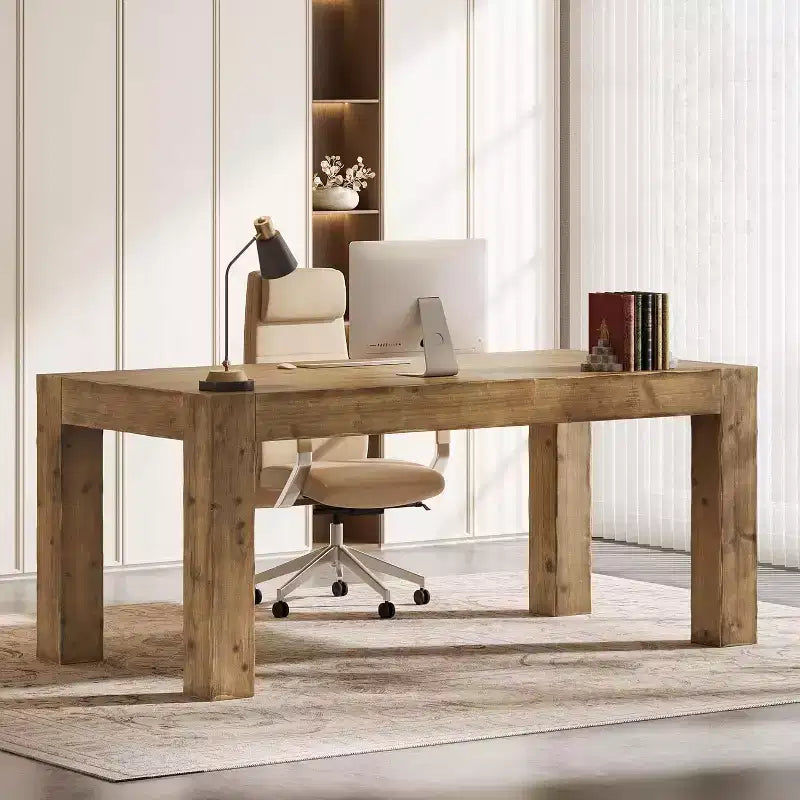 Lantine 63-Inch Solid Wood Executive Desk, Real Wooden Home Office Computer Desk, Farmhouse Writing Study Table for Home Office, Brown