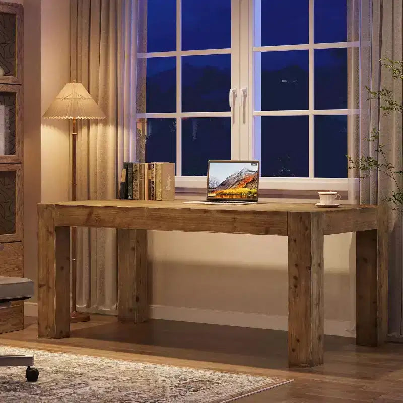 Lantine 63-Inch Solid Wood Executive Desk, Real Wooden Home Office Computer Desk, Farmhouse Writing Study Table for Home Office, Brown
