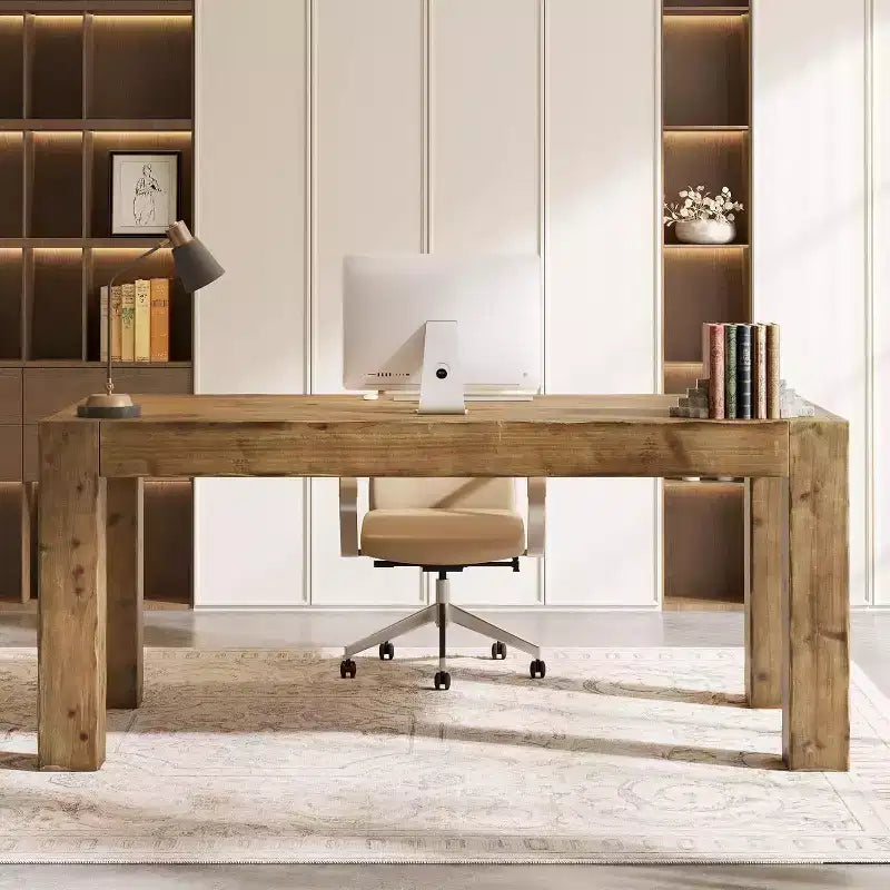 Lantine 63-Inch Solid Wood Executive Desk, Real Wooden Home Office Computer Desk, Farmhouse Writing Study Table for Home Office, Brown