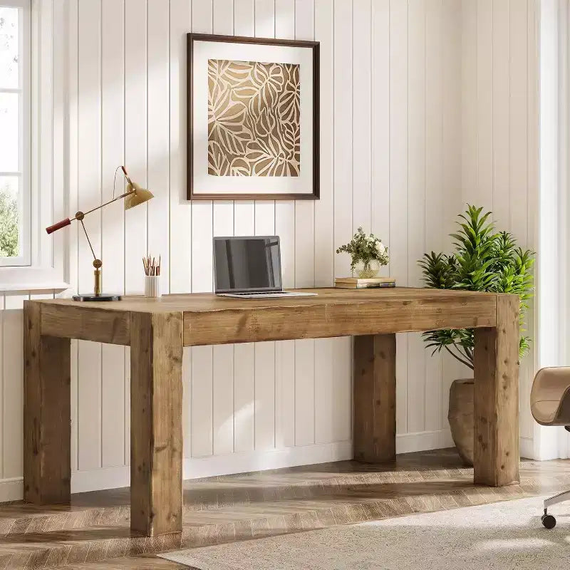Lantine 63-Inch Solid Wood Executive Desk, Real Wooden Home Office Computer Desk, Farmhouse Writing Study Table for Home Office, Brown