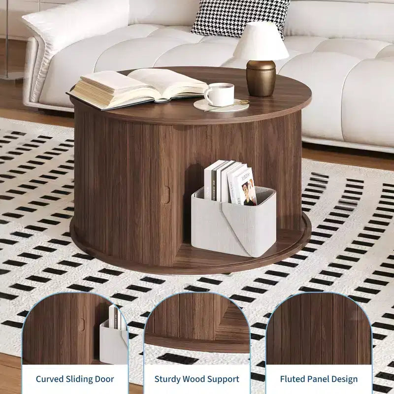 28 Round Mid Century Modern Coffee Table with Storage, Fluted Accent Table with Sliding Tambour Door for Living Room