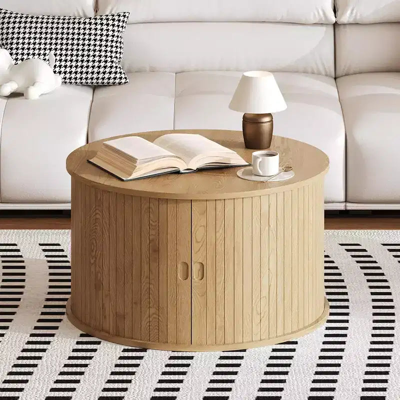 28 Round Mid Century Modern Coffee Table with Storage, Fluted Accent Table with Sliding Tambour Door for Living Room
