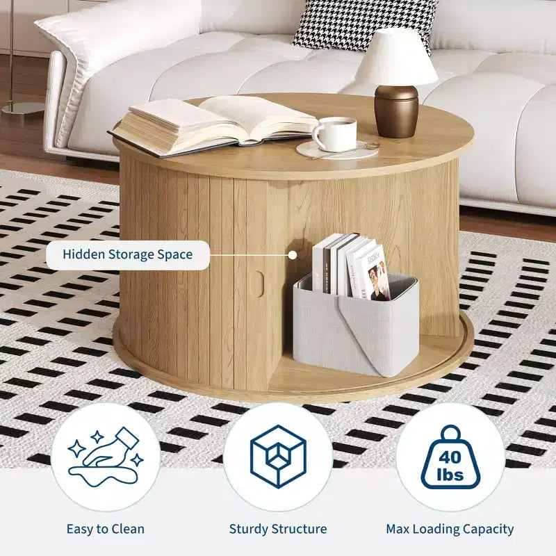 28 Round Mid Century Modern Coffee Table with Storage, Fluted Accent Table with Sliding Tambour Door for Living Room