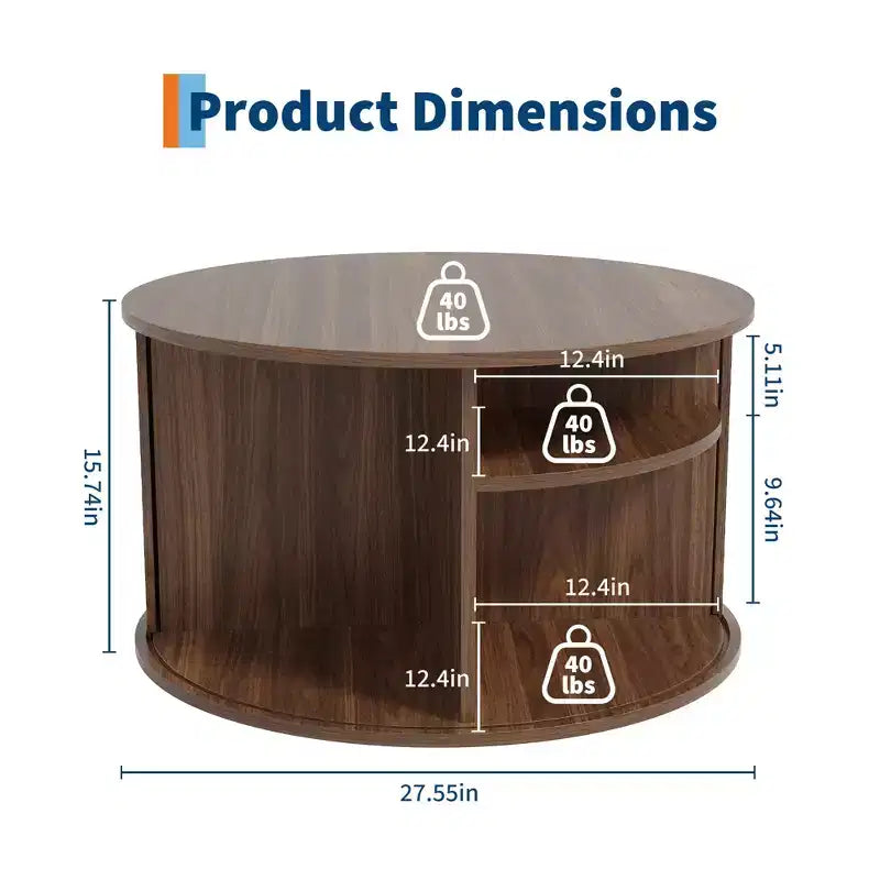 28 Round Mid Century Modern Coffee Table with Storage, Fluted Accent Table with Sliding Tambour Door for Living Room