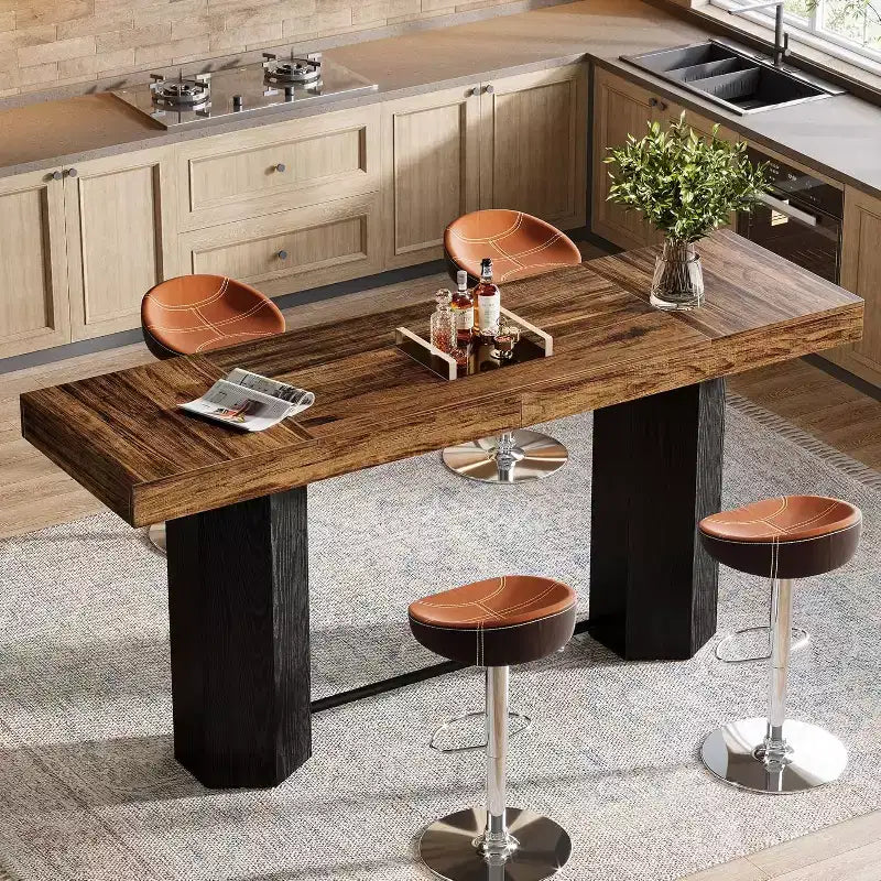 Lantine 70.9-Inch Extra Long Bar Table, Industrial Counter Height Table with Metal Footrest for Kitchen, Dining Room, Pub, Rustic Brown & Black