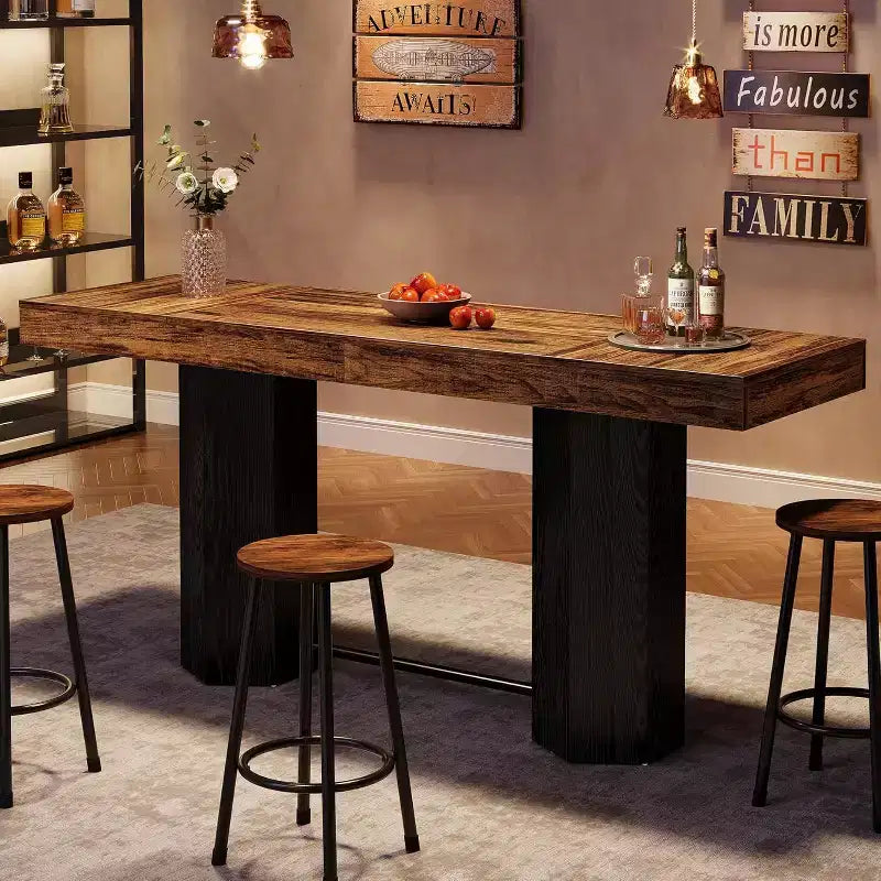 Lantine 70.9-Inch Extra Long Bar Table, Industrial Counter Height Table with Metal Footrest for Kitchen, Dining Room, Pub, Rustic Brown & Black