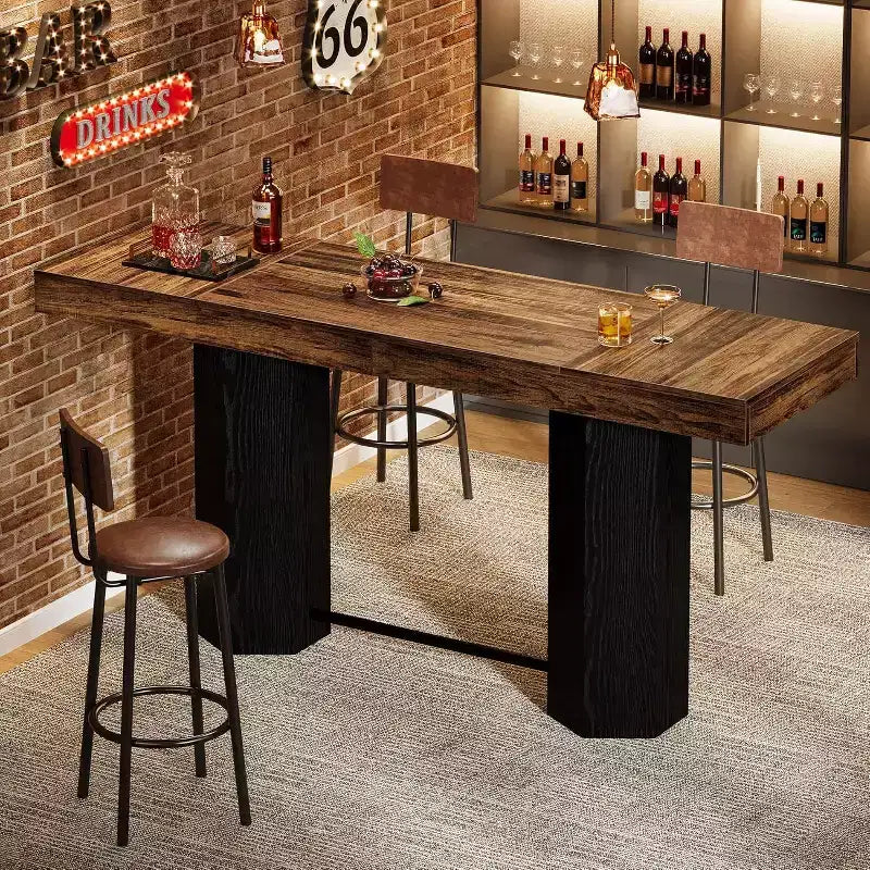 Lantine 70.9-Inch Extra Long Bar Table, Industrial Counter Height Table with Metal Footrest for Kitchen, Dining Room, Pub, Rustic Brown & Black