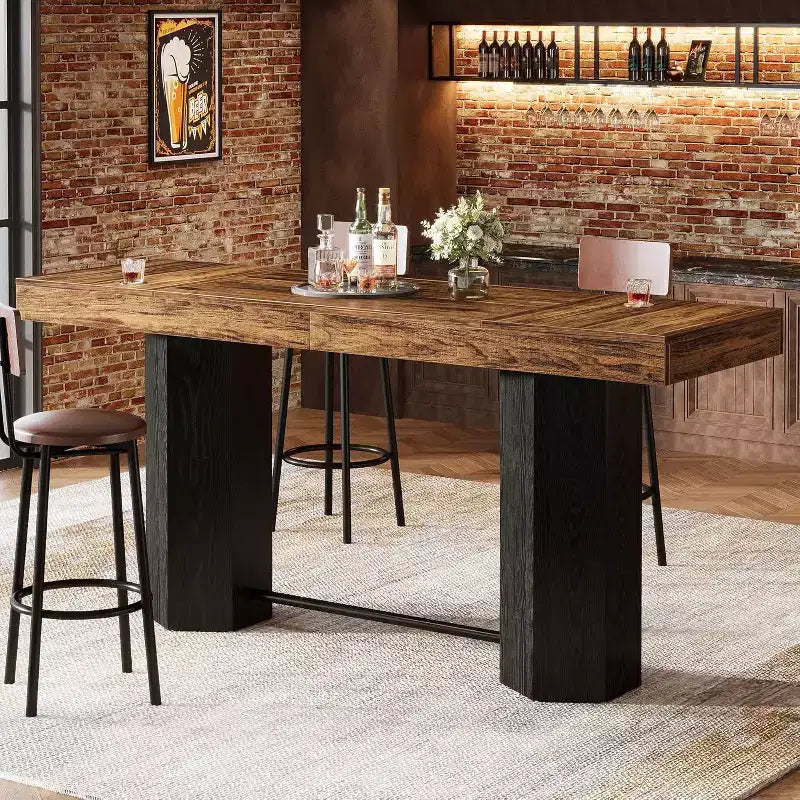 Lantine 70.9-Inch Extra Long Bar Table, Industrial Counter Height Table with Metal Footrest for Kitchen, Dining Room, Pub, Rustic Brown & Black