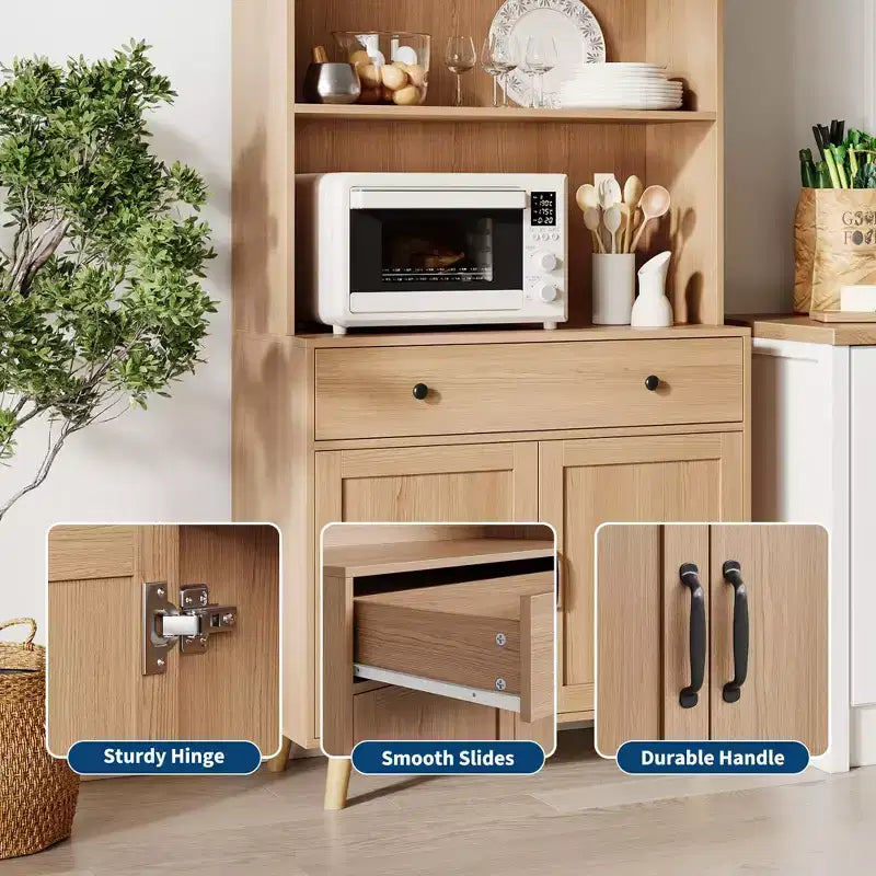 Sideboard, Natural Wood Buffet Cabinet with Drawer & Doors, Open Shelves Freestanding for Living Room, Dining Room