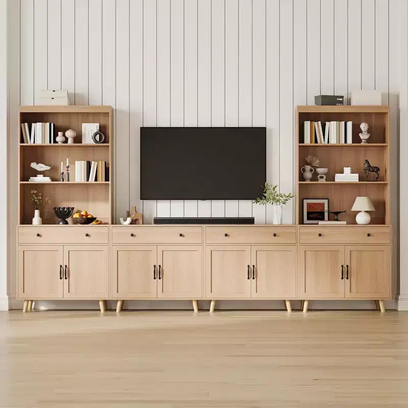 Sideboard, Natural Wood Buffet Cabinet with Drawer & Doors, Open Shelves Freestanding for Living Room, Dining Room