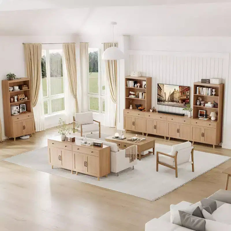 Sideboard, Natural Wood Buffet Cabinet with Drawer & Doors, Open Shelves Freestanding for Living Room, Dining Room