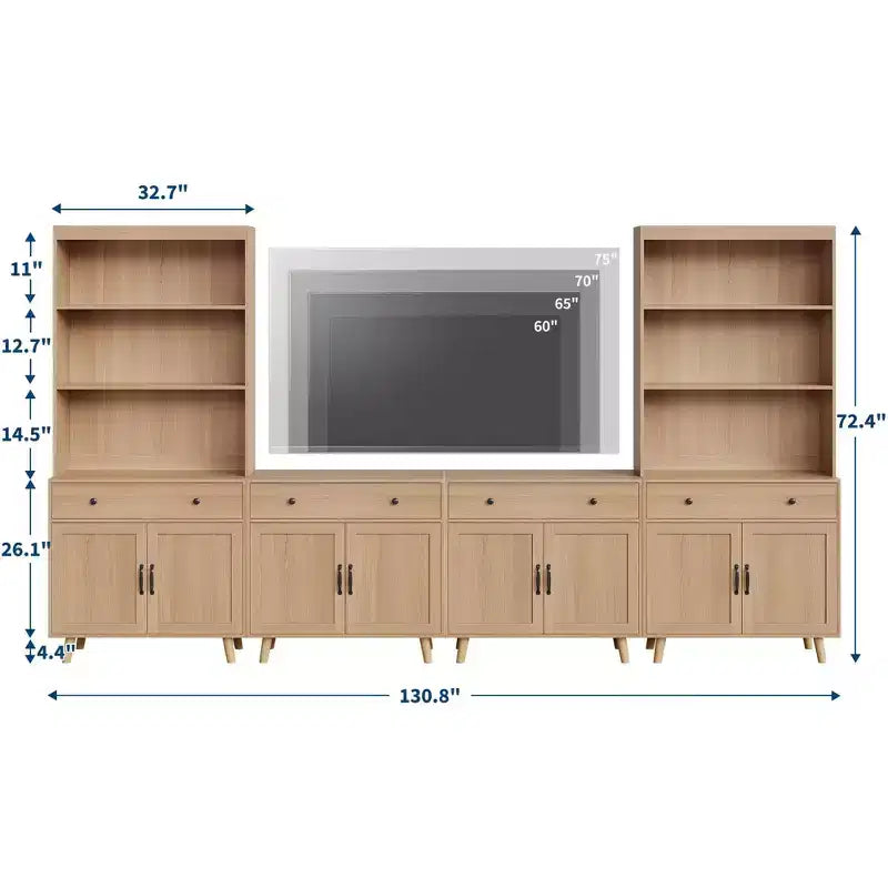 Sideboard, Natural Wood Buffet Cabinet with Drawer & Doors, Open Shelves Freestanding for Living Room, Dining Room