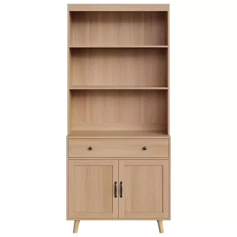 Sideboard, Natural Wood Buffet Cabinet with Drawer & Doors, Open Shelves Freestanding for Living Room, Dining Room