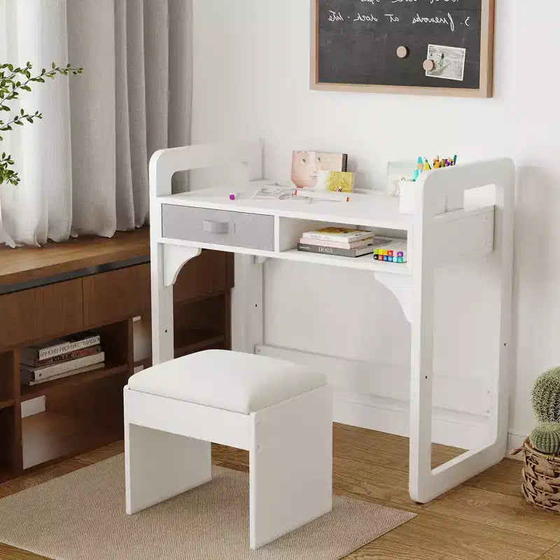 Adjustable Kids Desk and Chair Set, with Cloth Drawers and Pen Holder, Wooden Study Table, for Reading, Homework, Writing