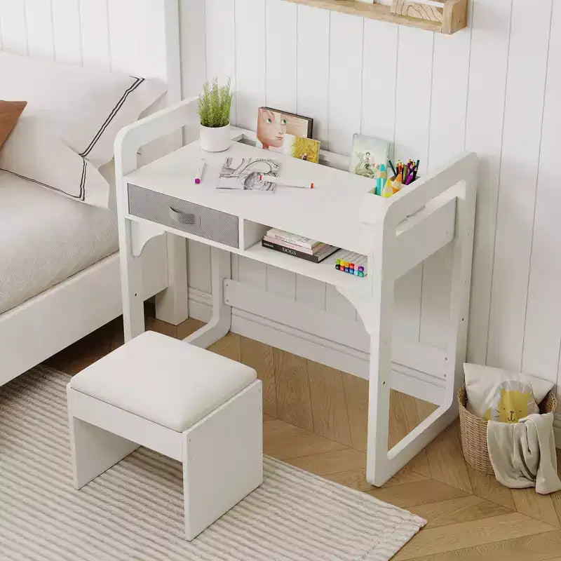 Adjustable Kids Desk and Chair Set, with Cloth Drawers and Pen Holder, Wooden Study Table, for Reading, Homework, Writing