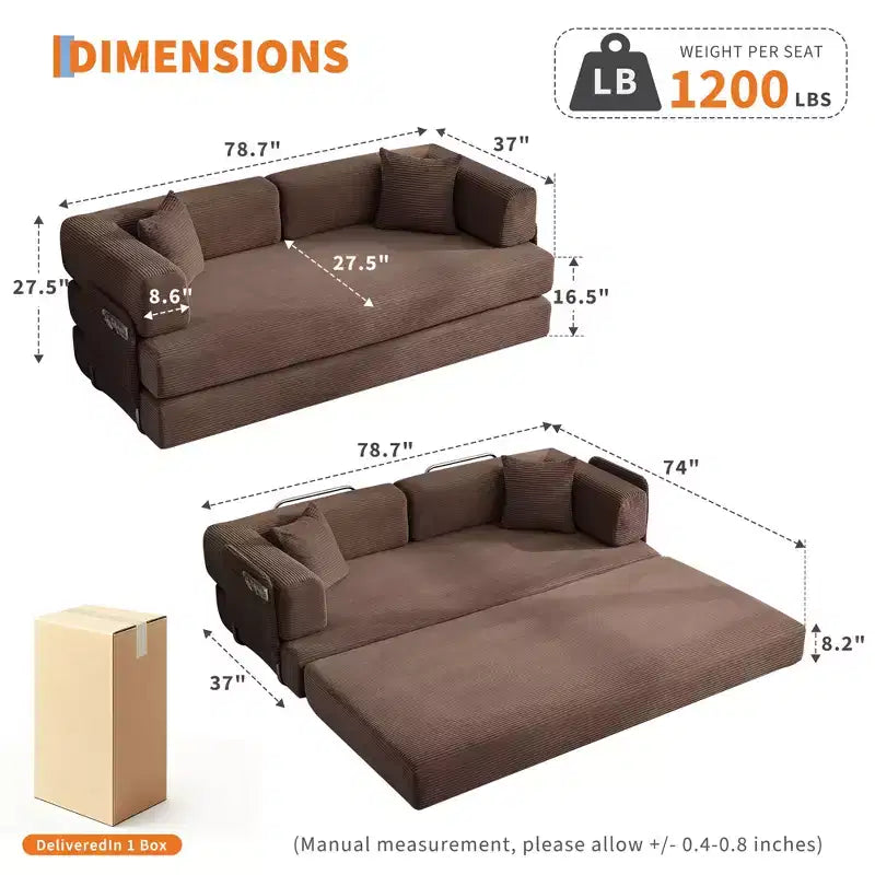 78.7 Modular Convertible Corduroy Floor Sofa Bed  Folding Sleeper Couch with Pillow, Armrest & Backrest  Space-Saving, Multi-Position