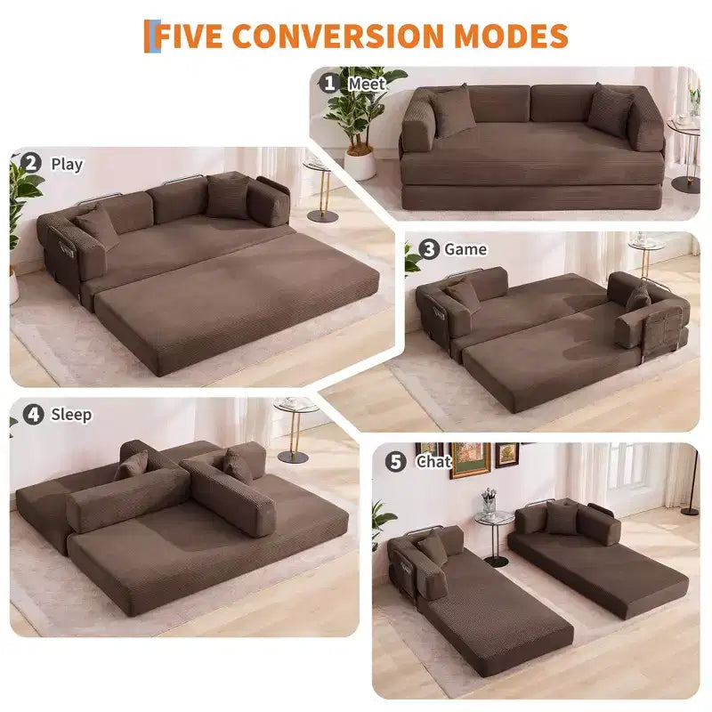 78.7 Modular Convertible Corduroy Floor Sofa Bed  Folding Sleeper Couch with Pillow, Armrest & Backrest  Space-Saving, Multi-Position