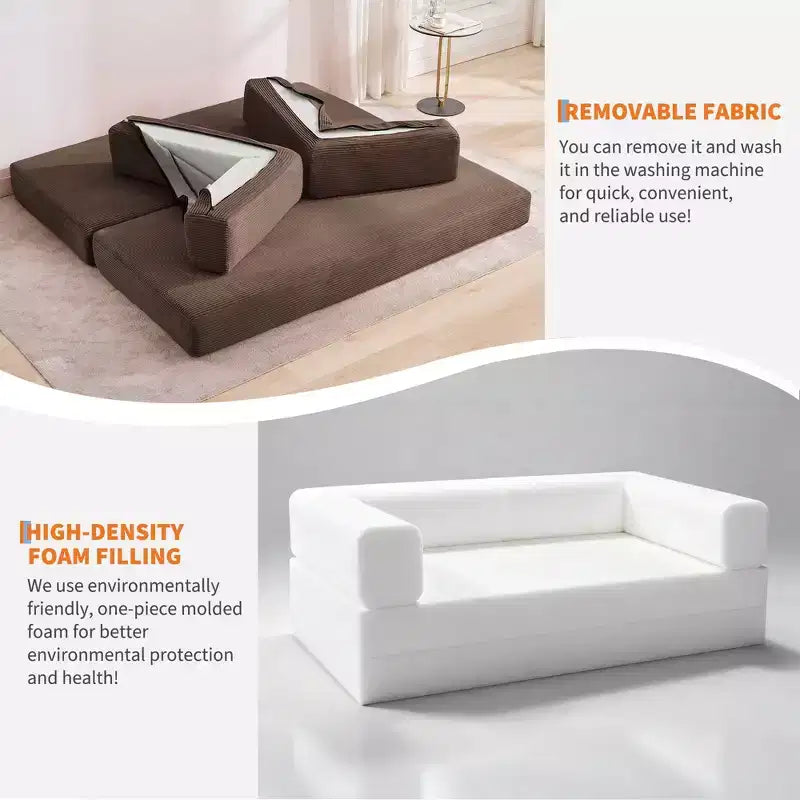 78.7 Modular Convertible Corduroy Floor Sofa Bed  Folding Sleeper Couch with Pillow, Armrest & Backrest  Space-Saving, Multi-Position